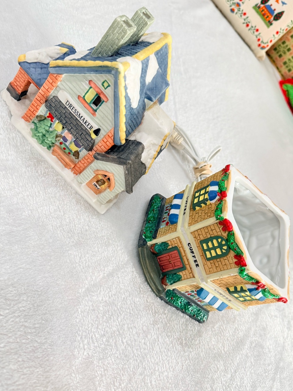 1995era Holiday Ceramic Dressmaker and Coffee Shop Village Set - Multi-Color